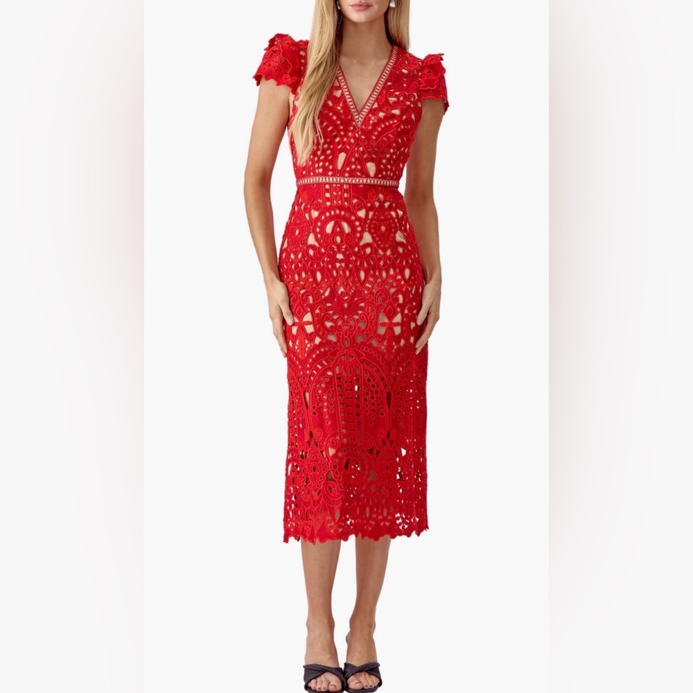 Adelyn Rae Red Lace Midi Dress, size S, NWT